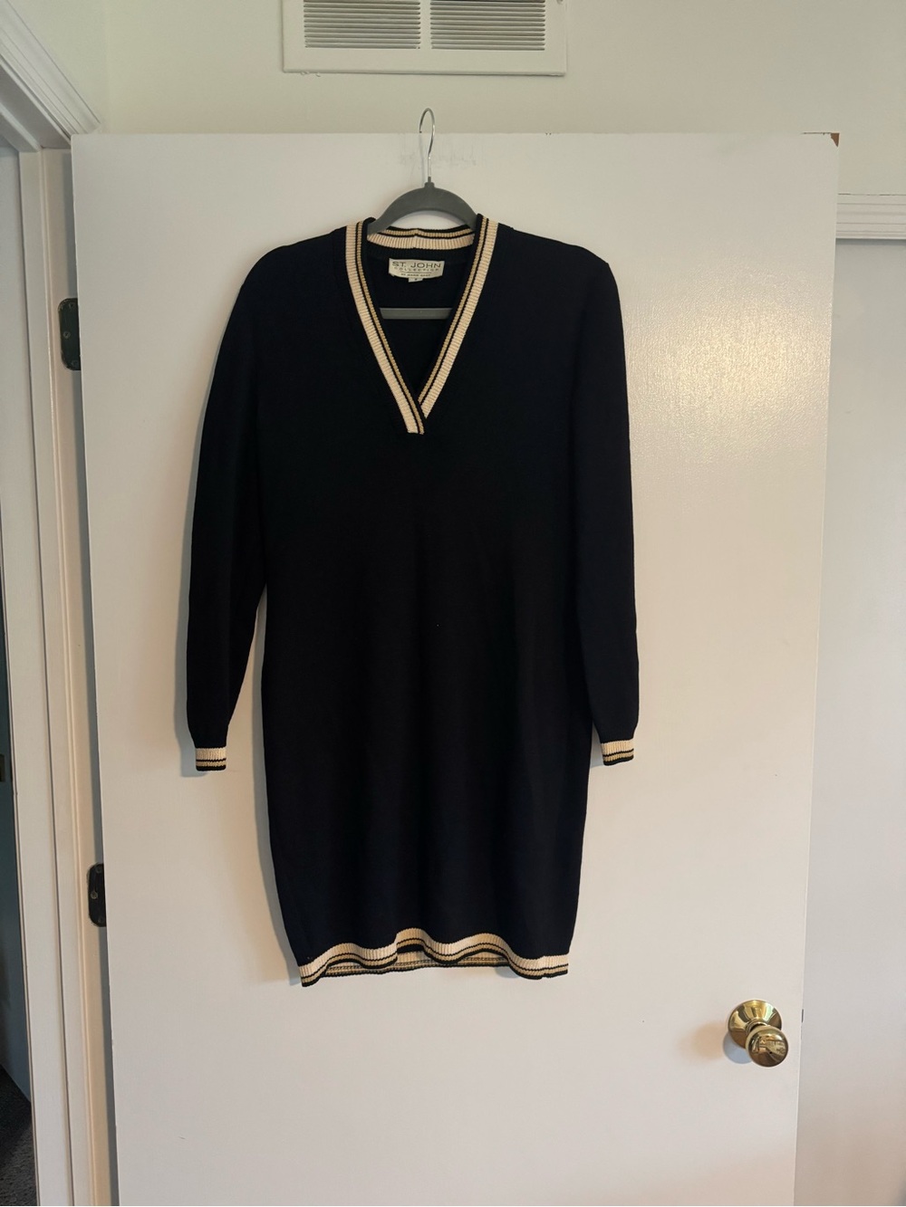 St. John Collection Black V-Neck Knit Sweater Dress with Cream and Gold Trim